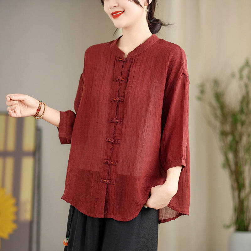 New Chinese-style Button-up Shirt For Women, Loose Fit, Plus Size, Casual Retro Cotton-linen Top, Air-conditioning And Sun-proof Cardigan