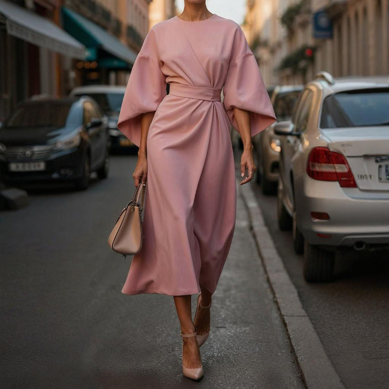 Plus Size Women's Elegant Solid Color Round Neck Mid-Sleeve Maxi Dress Waist-Defining Pleated Design For Office, Party, Wedding Guest