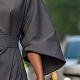 Plus Size Women's Elegant Solid Color Round Neck Mid-Sleeve Maxi Dress Waist-Defining Pleated Design For Office, Party, Wedding Guest