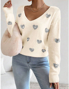 Embroidered V-neck Pullover Sweater Women's Top