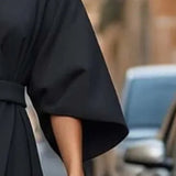 Plus Size Women's Elegant Solid Color Round Neck Mid-Sleeve Maxi Dress Waist-Defining Pleated Design For Office, Party, Wedding Guest