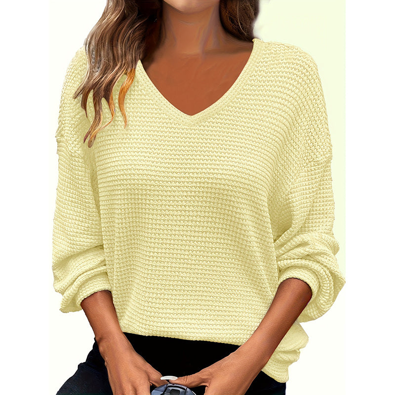 Plus Size Women's Casual V-Neck Pineapple Texture Knit Top Solid Color Long Sleeve Breathable Pullover For Spring Fall