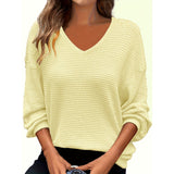 Plus Size Women's Casual V-Neck Pineapple Texture Knit Top Solid Color Long Sleeve Breathable Pullover For Spring Fall