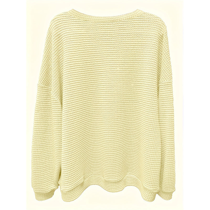 Plus Size Women's Casual V-Neck Pineapple Texture Knit Top Solid Color Long Sleeve Breathable Pullover For Spring Fall