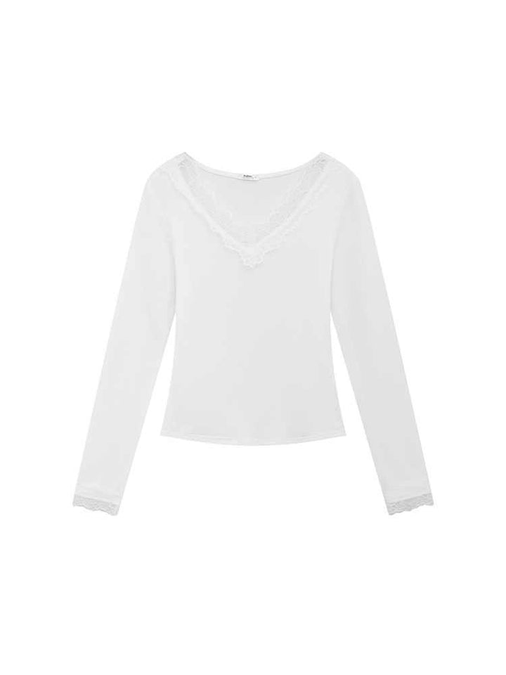 Pure Desire Style Lace V-neck Patchwork Long-sleeved T-shirt For Women