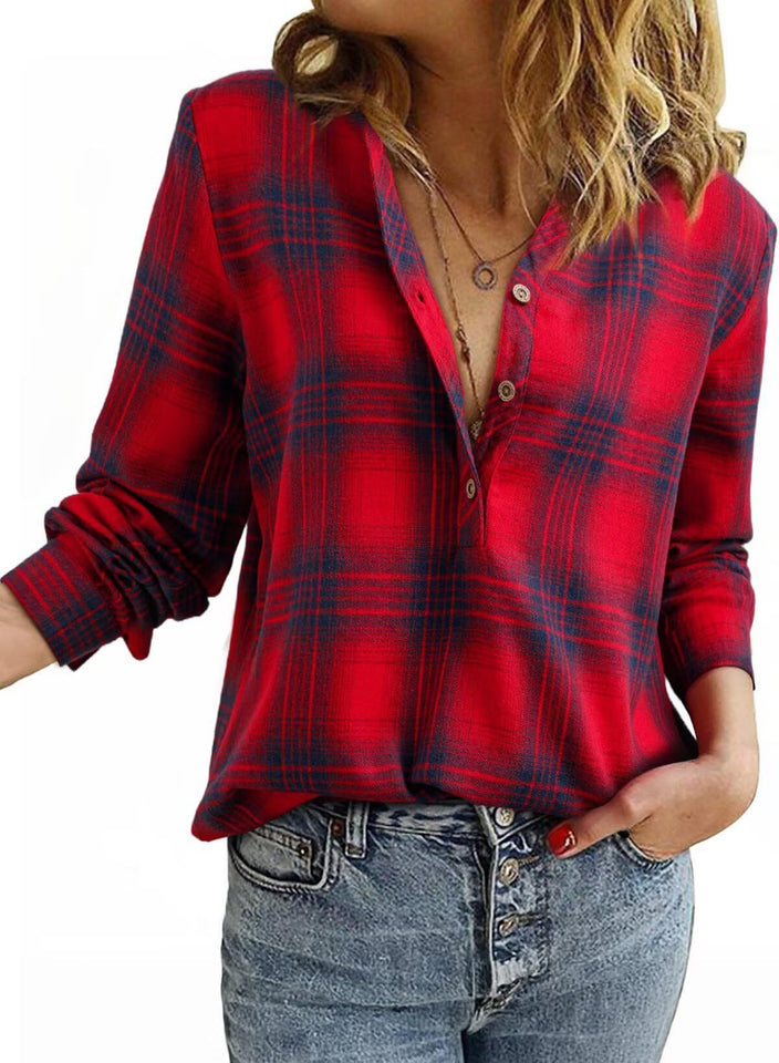 Women's V-neck Plaid Shirt Fashion Casual Shirt