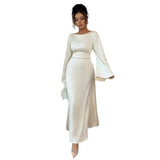 Elegant Graceful Style Waist Solid Color Long Sleeve Dress