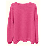 Plus Size Women's Casual V-Neck Pineapple Texture Knit Top Solid Color Long Sleeve Breathable Pullover For Spring Fall