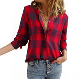 Women's V-neck Plaid Shirt Fashion Casual Shirt