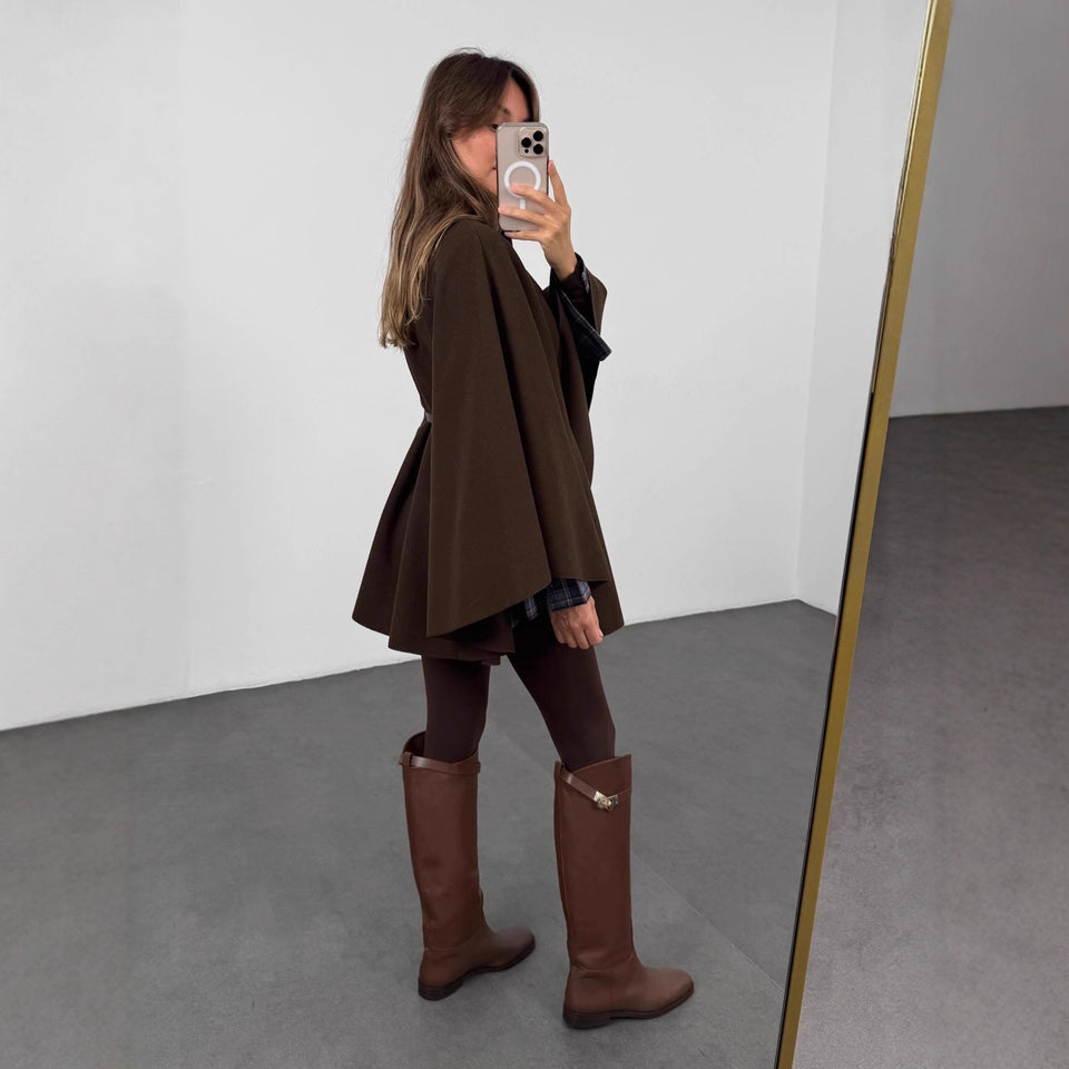 Winter Elegant Style Solid Color Waist Tight Woolen Cape Coat Mid-length