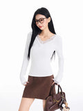 Pure Desire Style Lace V-neck Patchwork Long-sleeved T-shirt For Women